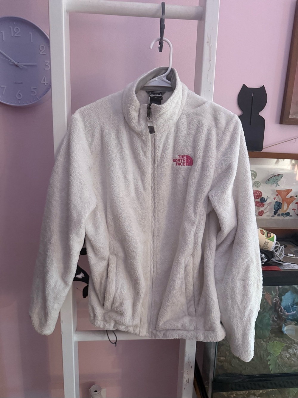 The North Face white Plush Fleece Jacket with pink Logo